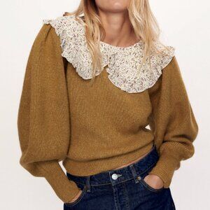 Women's Knit Peter Pan Collar Sweater Mustard Brown Wool Blend Size S